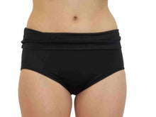 Load image into Gallery viewer, Complete Shaping Swimwear Foldover Swim Brief with adjustable bathing suit bikini bottom coverage and slimming compression power in black including plus sizes
