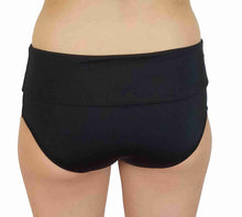 Load image into Gallery viewer, Swimsuit Foldover Swim Bottom with adjustable bathing suit bottom foldover top and slimming compression power in black in womens regular and plus sizes