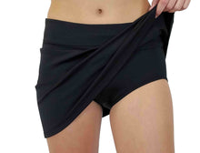 Load image into Gallery viewer, Swimsuit swim skirt brief black bathing suit bottom with longer length skirt for modesty. Compression power or shapewear or activewear for slimming.
