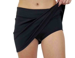 Swimsuit swim skirt brief black bathing suit bottom with longer length skirt for modesty. Compression power or shapewear or activewear for slimming.