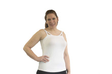 Load image into Gallery viewer, mastectomy bra or mastectomy camisole cut out in white with breast prosthesis included and without elastic band on lymphedema scars or mastectomy scars
