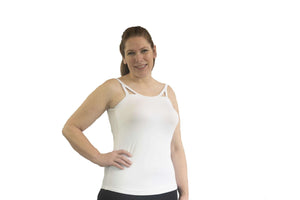 mastectomy bra or mastectomy camisole cut out in white with breast prosthesis included and without elastic band on lymphedema scars or mastectomy scars