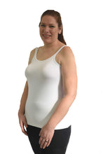 Load image into Gallery viewer, post mastectomy tank top without elastic bra band with sewn in breast forms in white by complete shaping
