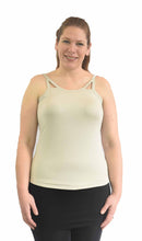 Load image into Gallery viewer, Post Mastectomy camisole with built-in breast forms and no broadband elastic on chest or lymphadenectomy scars in nude tan without a pocketed bra
