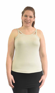 Post Mastectomy camisole with built-in breast forms and no broadband elastic on chest or lymphadenectomy scars in nude tan without a pocketed bra
