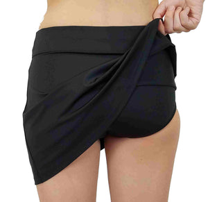 Swim skirt and brief bottom in black, with long length of 16". Activewear, shapewear and compression wear.
